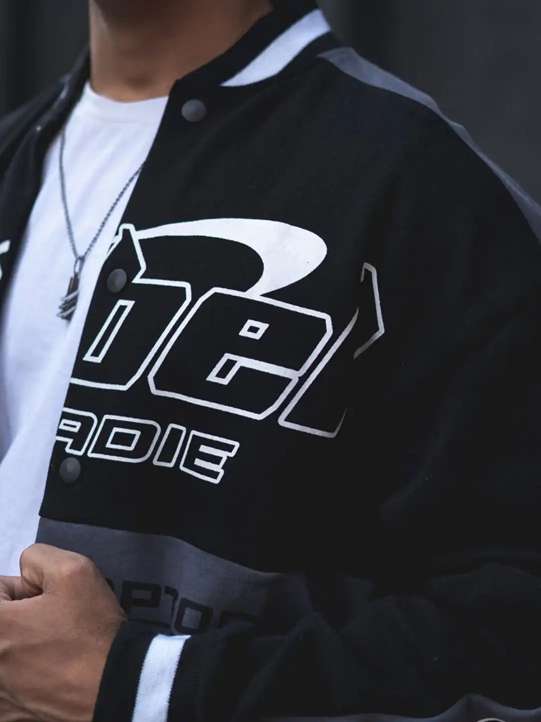 Buy Powerlook Typography Printed Stand Collar Oversized Varsity