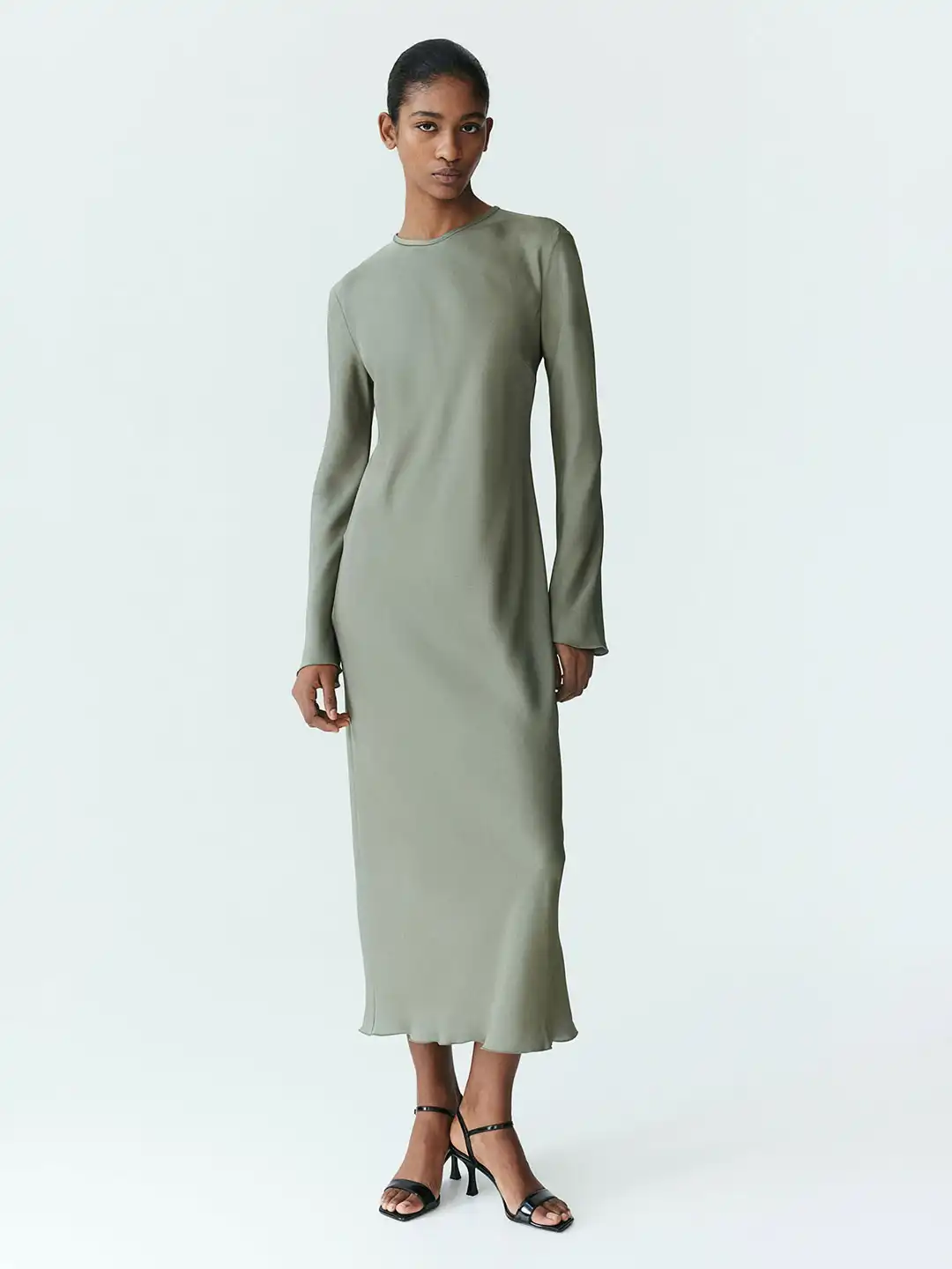 h&m green dress long sleeve Women's Golden olive Open-Back Dress with Tie Detail