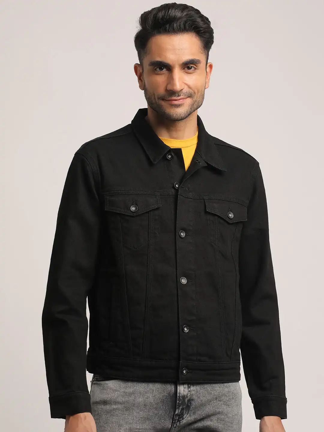 Buy EVERBLUE Men Classic Black Cotton Stretch Denim Jacket