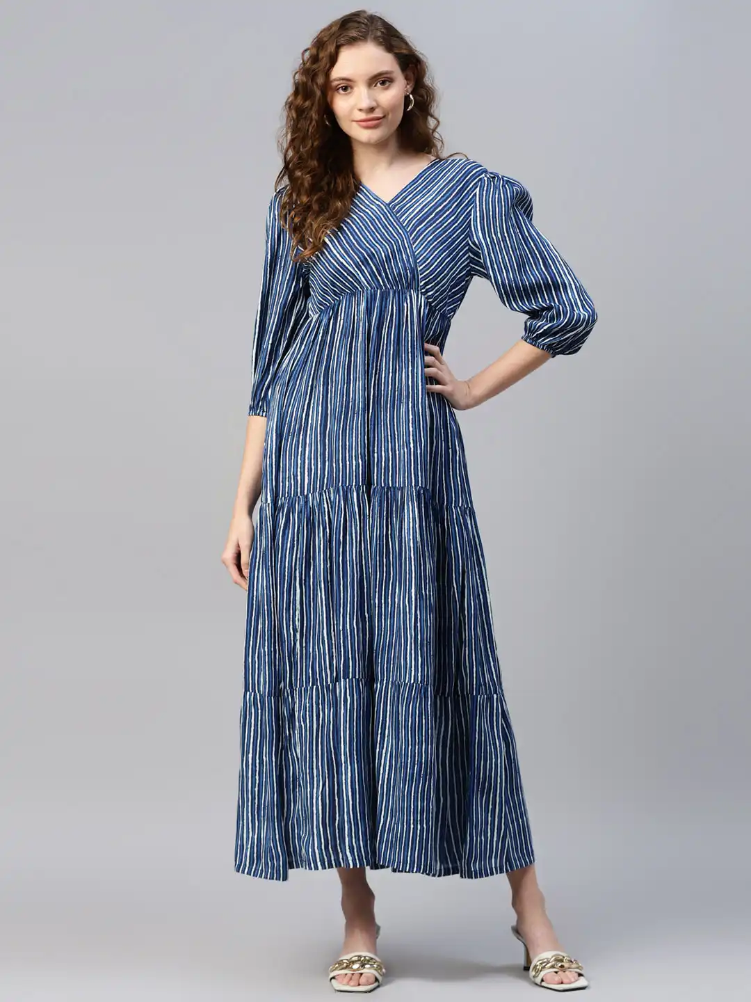 Buy DEEBACO Striped Printed V-Neck A-Line Dress - Dresses for
