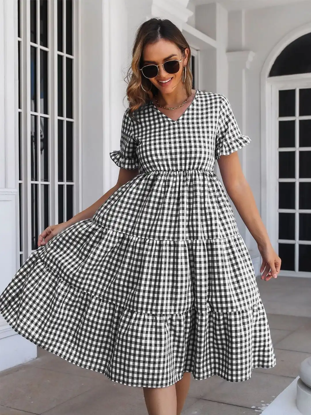 Buy DressBerry Black & White Checked Tiered Cotton Fit and Flare Midi Dress  - Dresses for Women 27249444 | Myntra