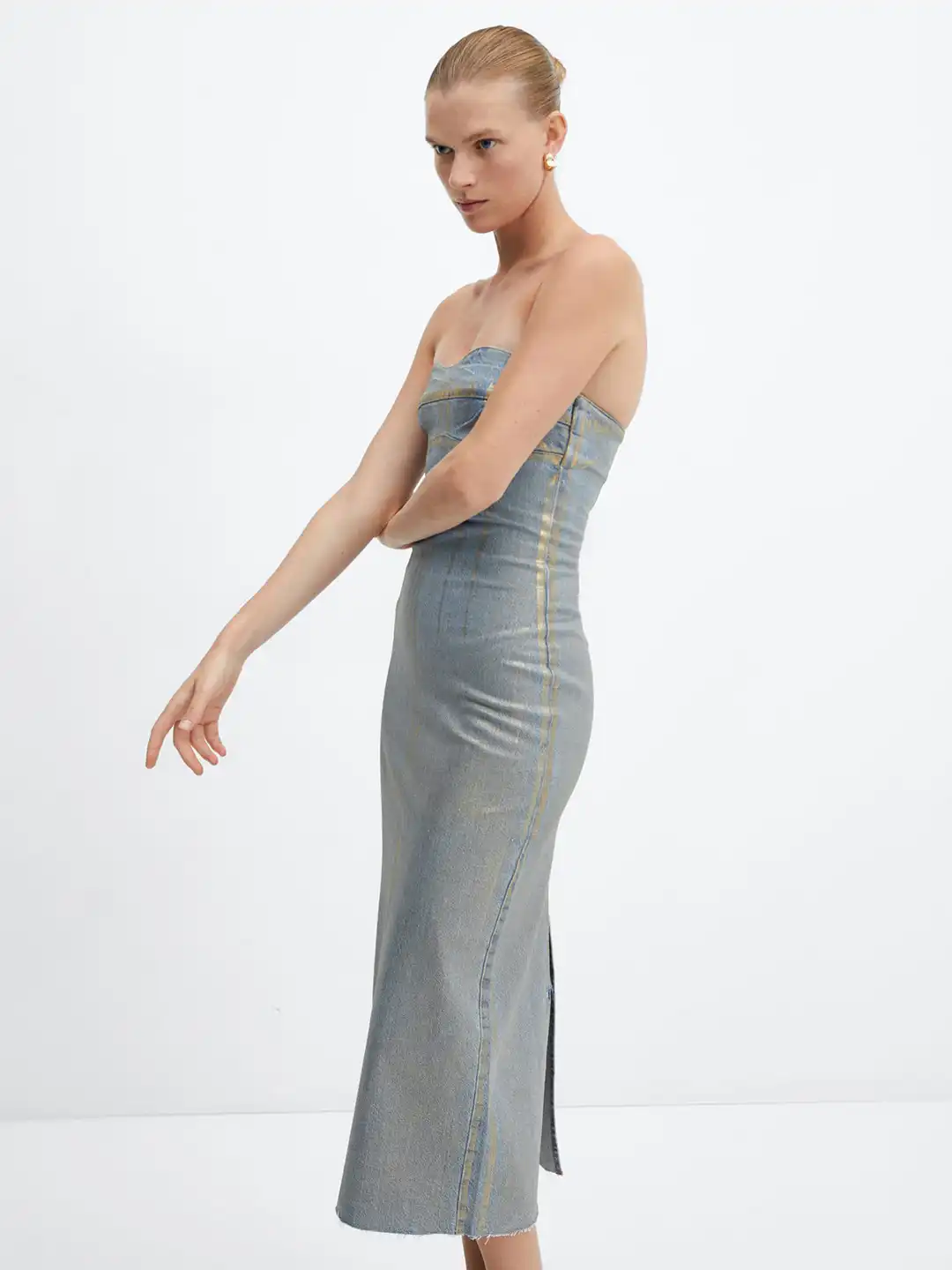 Buy MANGO Denim Foil Print Strapless Bodycon Midi Dress - Dresses for Women  27351880 | Myntra