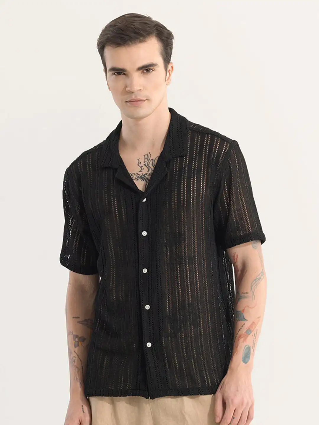 Selected Black Regular Self Design Shirt eaphi CLEAR YARN SHORT