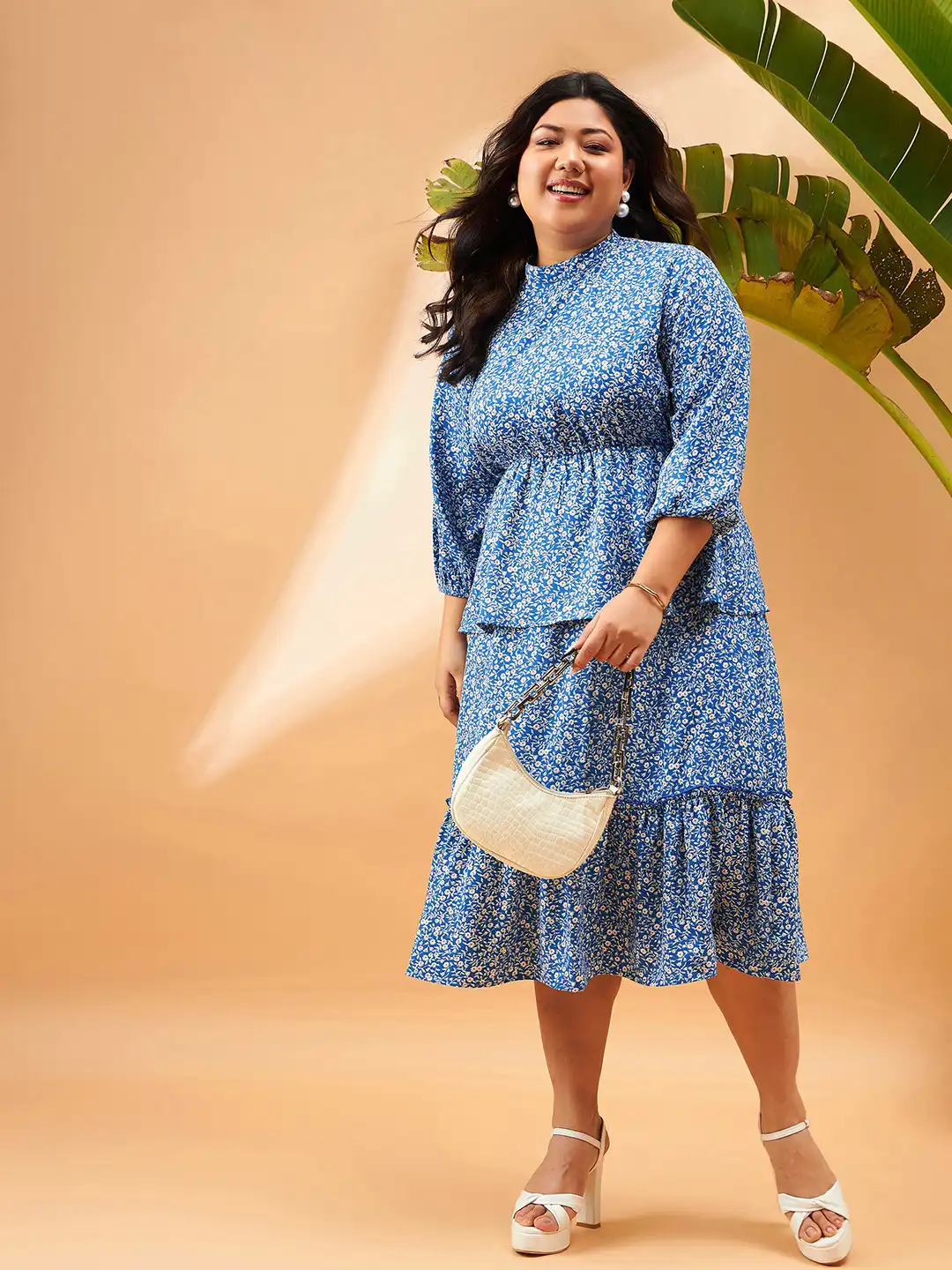 Buy SASSAFRAS Curve Plus Size Blue Floral Printed Puff Sleeves Tiered Fit & Flare  Dress - Dresses for Women 27508662 | Myntra