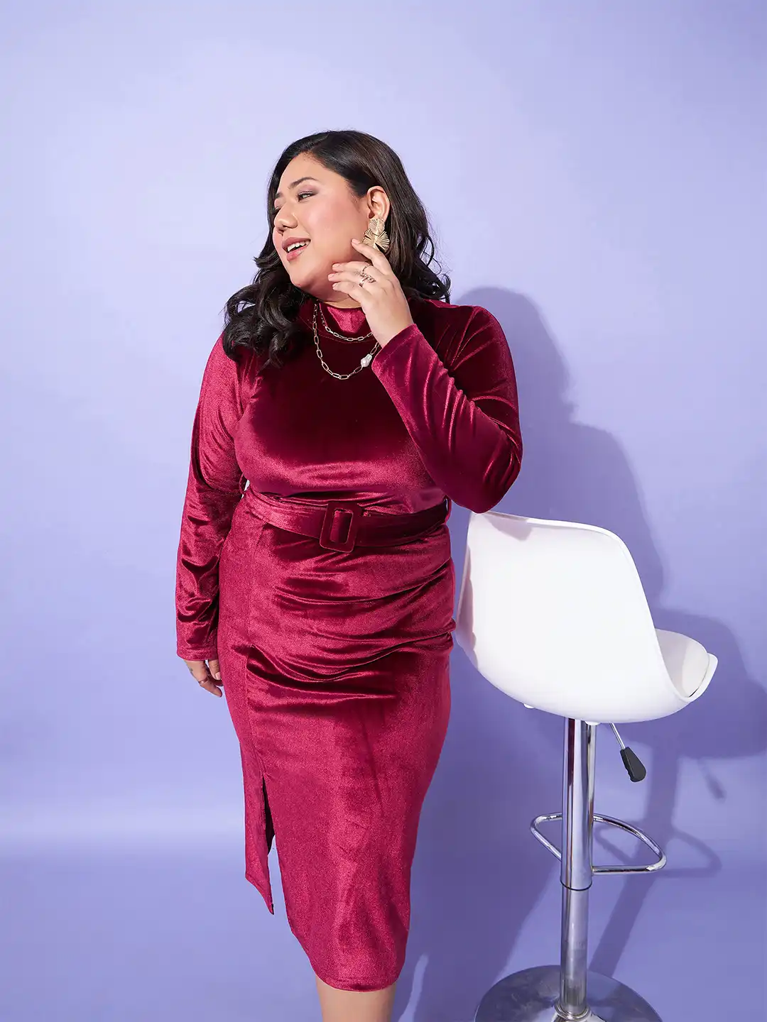 Buy SASSAFRAS Curve Plus Size High Neck Velvet Sheath Midi Dress