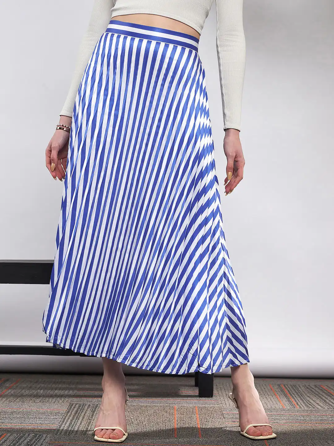 Buy SASSAFRAS Blue Striped Accordion Pleated Maxi Flared Skirt
