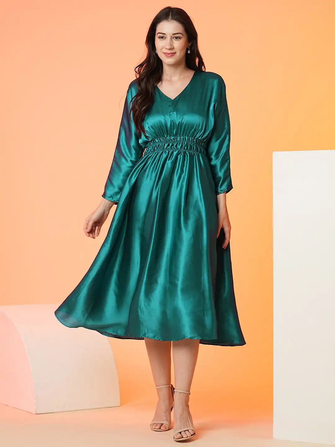 green satin fit and flare dress Lime Green Wrap Satin Dress With Flutter Sleeves – Désir Couture main image 0