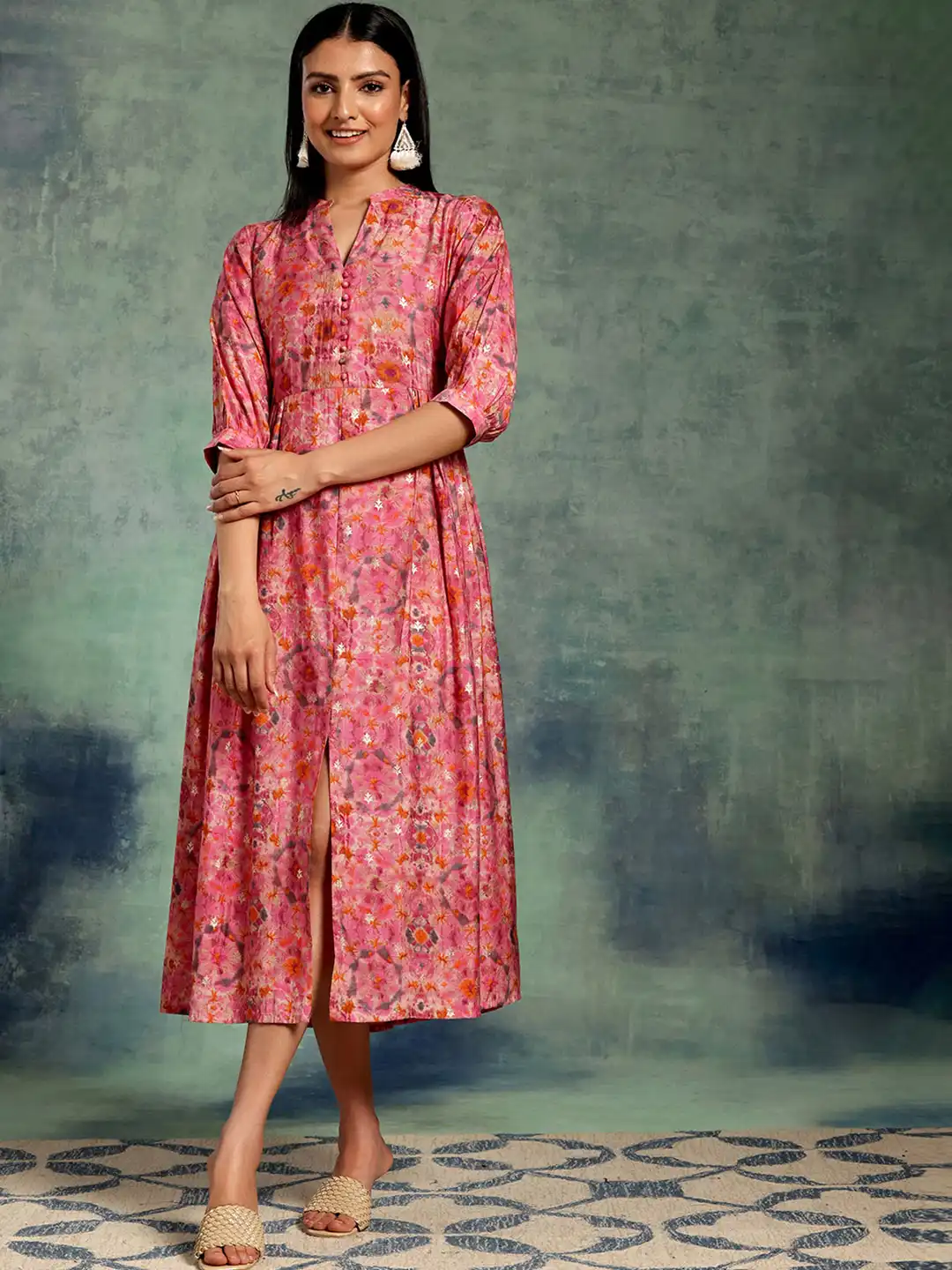 Buy Libas Pink Floral Printed Pleated Midi A-Line Dress - Ethnic