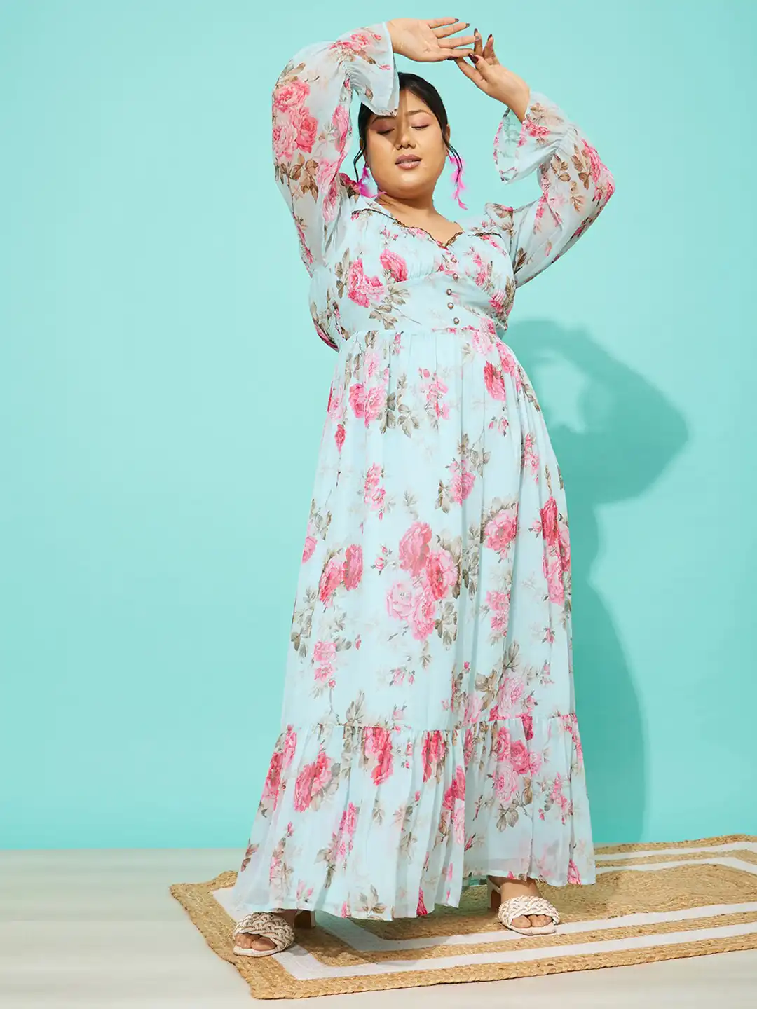 floral full sleeve maxi dress Floral Frill Trim Sleeve Plunge Maxi Dress