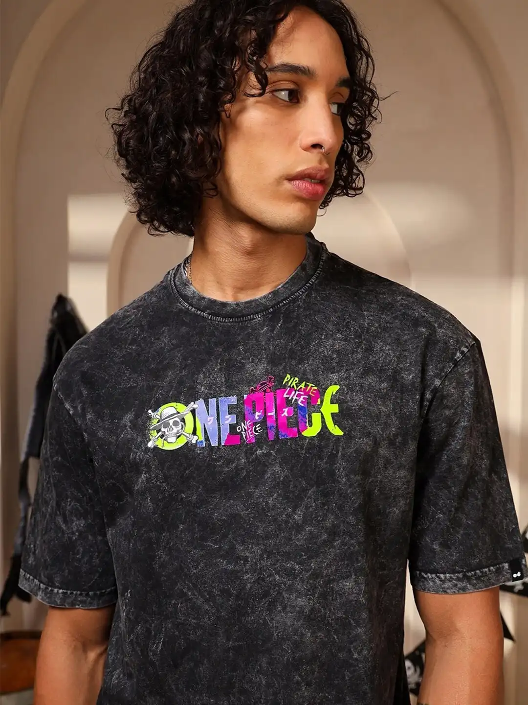Buy Bewakoof One Piece Graphic Oversized Acid Wash T-shirt