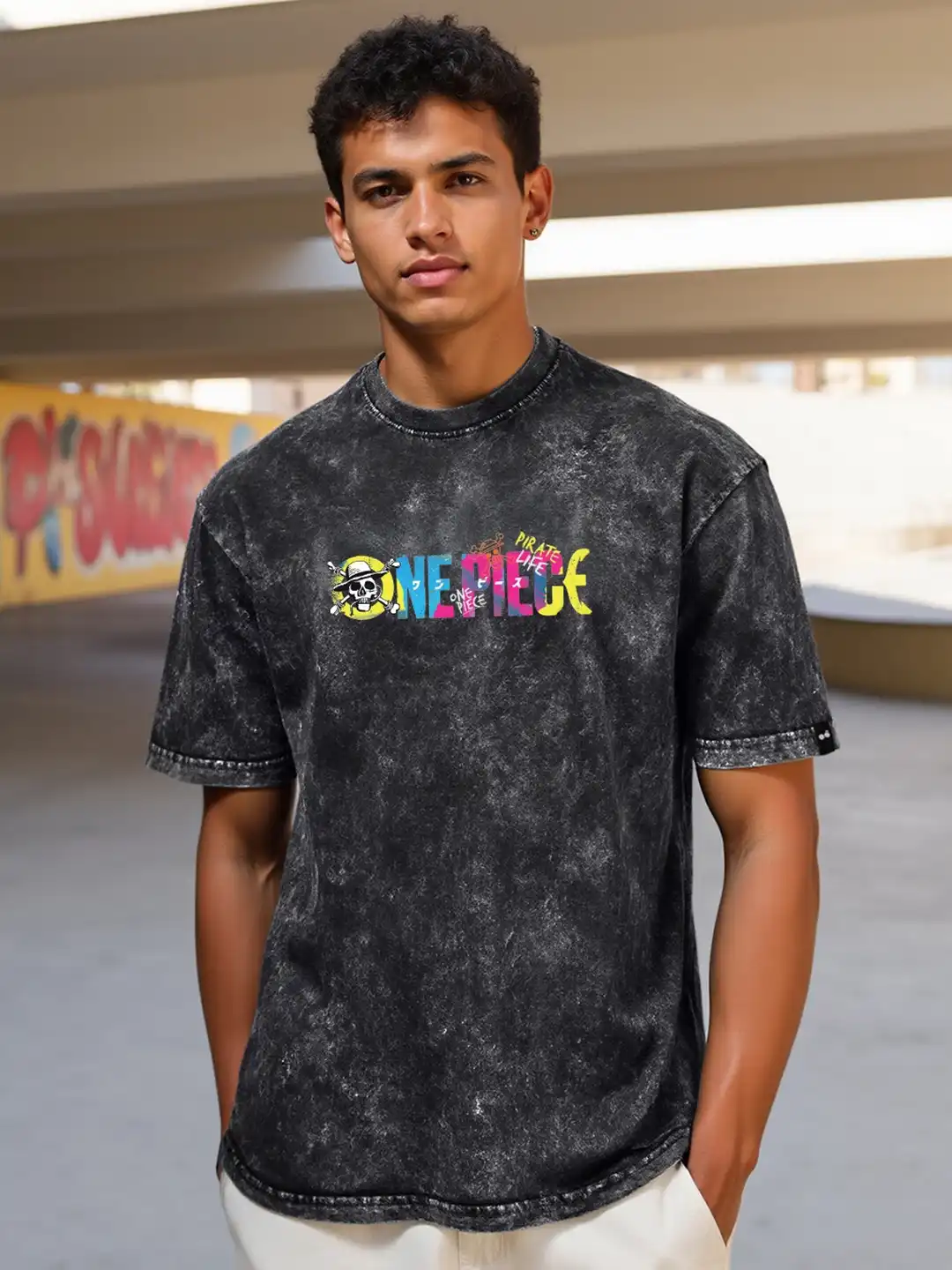 Buy Bewakoof One Piece Graphic Oversized Acid Wash T-shirt