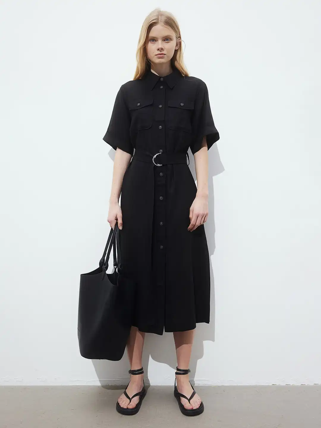 h&m linen blend dress black Women's Black Linen-Blend Scarf-Detail Dress