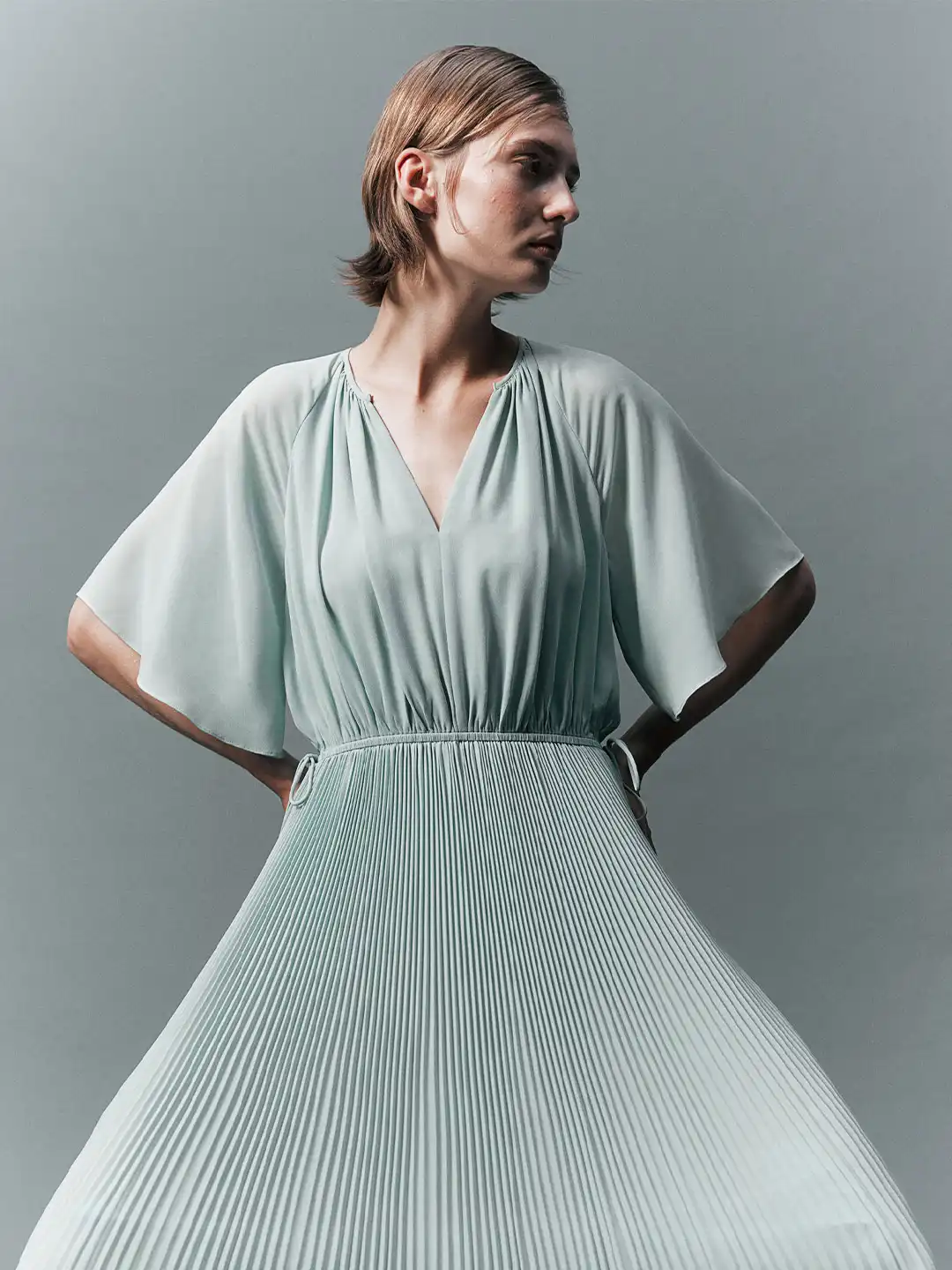 pleated wrap dress h&m H&M Pleated Wrap Creped Chiffon Dress w/ Butterfly Sleeves, Size 4