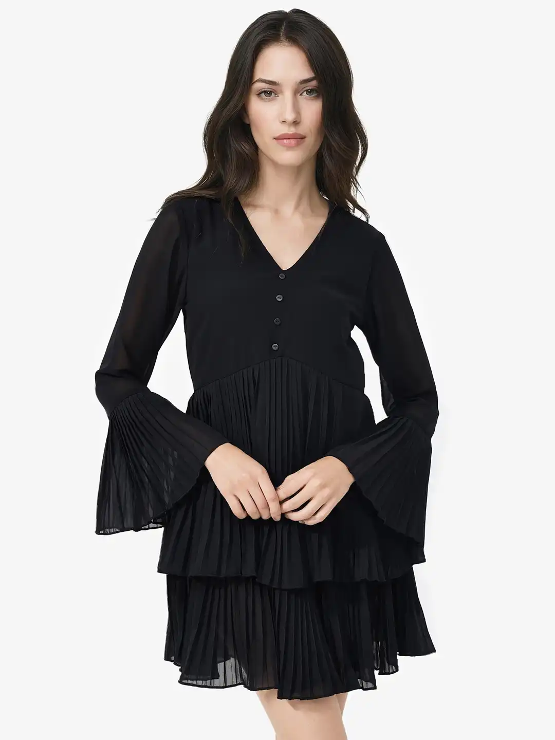 Buy RAREISM Women Black Fit And Flare Fit Bell Sleeve Spread Collar Dress -  Dresses for Women 28053262 | Myntra