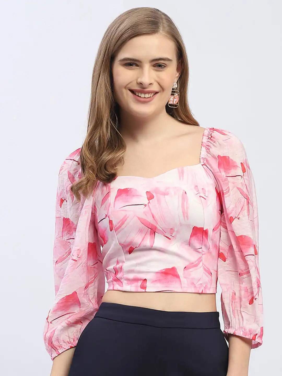 Buy Madame Floral Print Sweet Heart Neck Puff Sleeve Crop Top