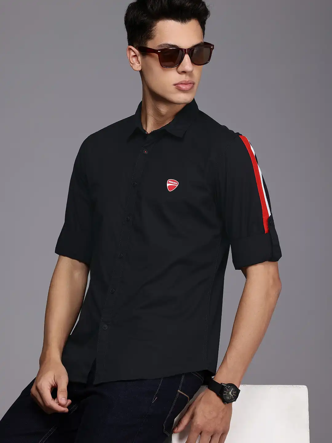 Buy Ducati Pure Cotton with Striped Sleeves Casual Shirt - Shirts