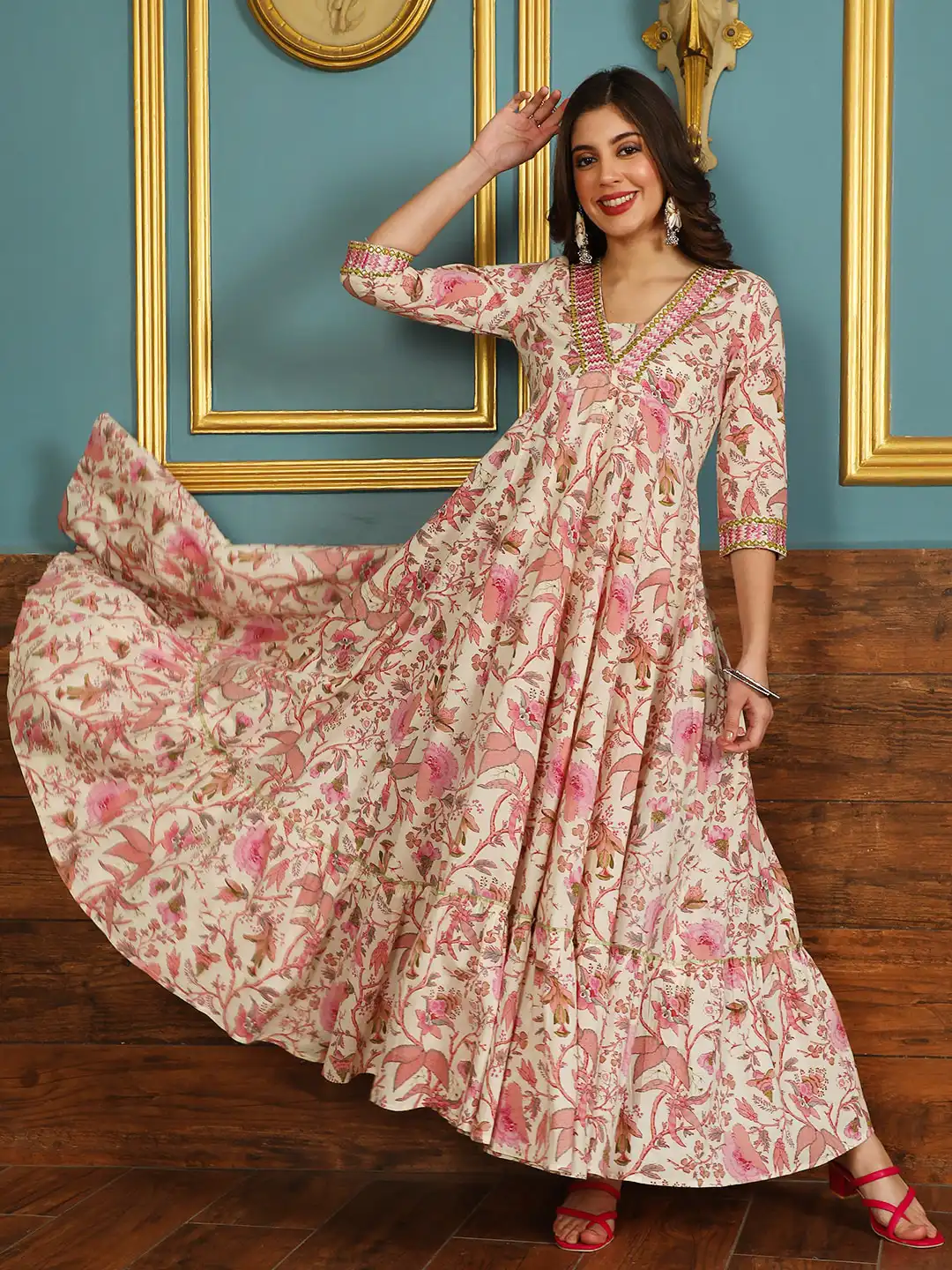 Buy GULMOHAR JAIPUR Floral Printed Embroidered Pure Cotton Fit and Flare Maxi Ethnic Dress - Ethnic Dresses for Women 28162620