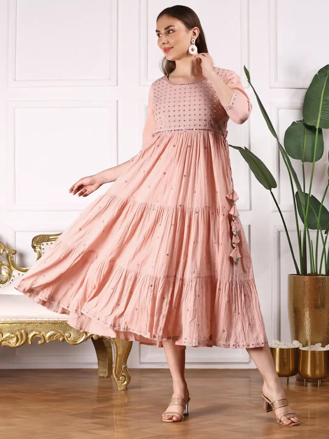 Buy Ishin Floral Embroidered Mirror Work Tiered Cotton Fit & Flare