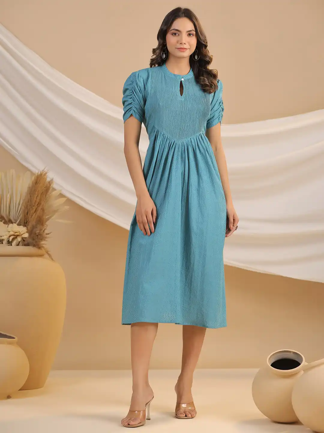 cotton keyhole neckline midi dress Buy JISORA Neck Short Gathered Sleeves A-Line - Dresses for Women 28294400 Long Neon Dress Green Soft pink Other Stories ruched sleeveless Size:2XLG Black dress