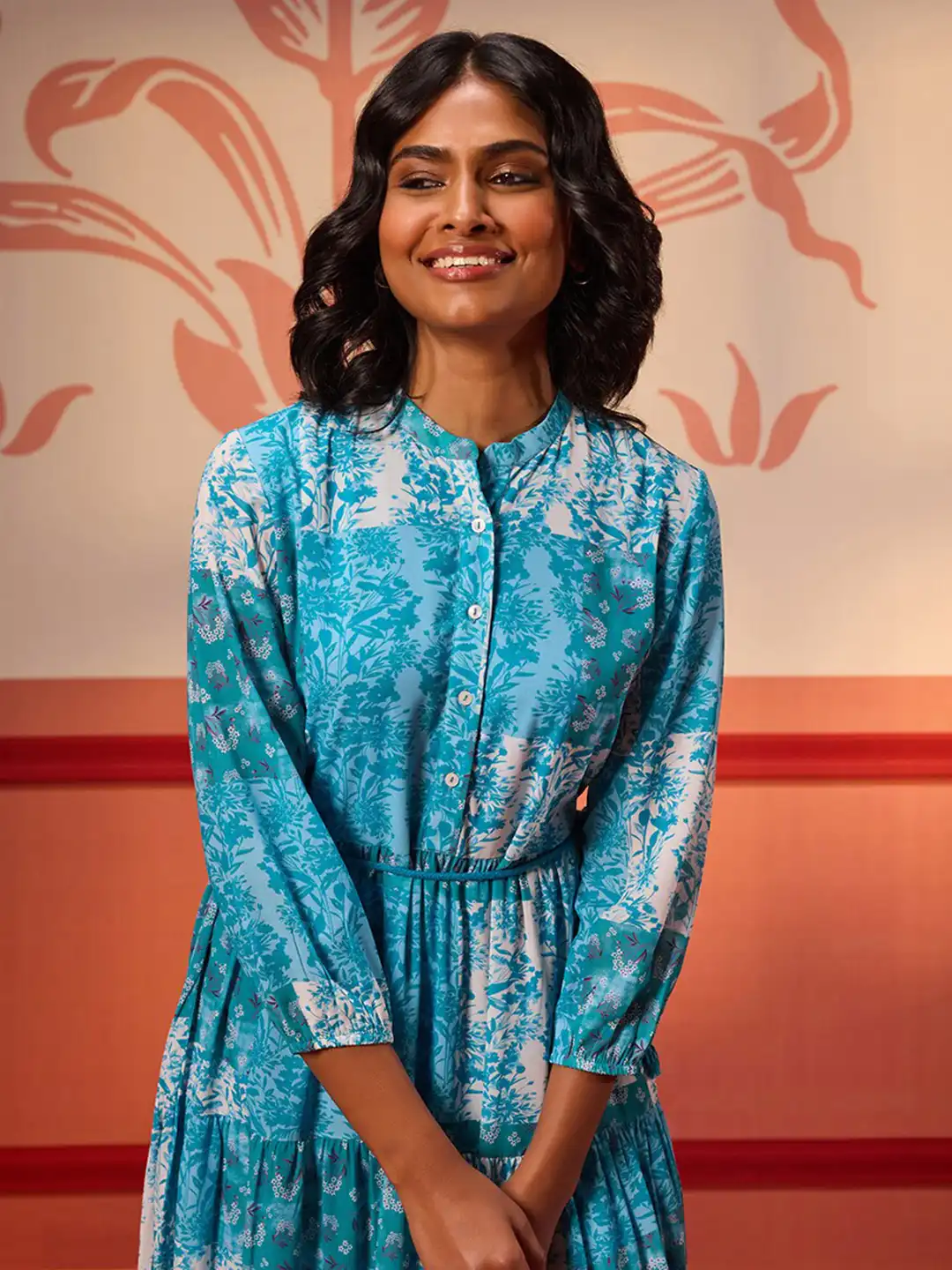 Buy Lakshita Floral Printed Band Collar Gathered Georgette Fit and