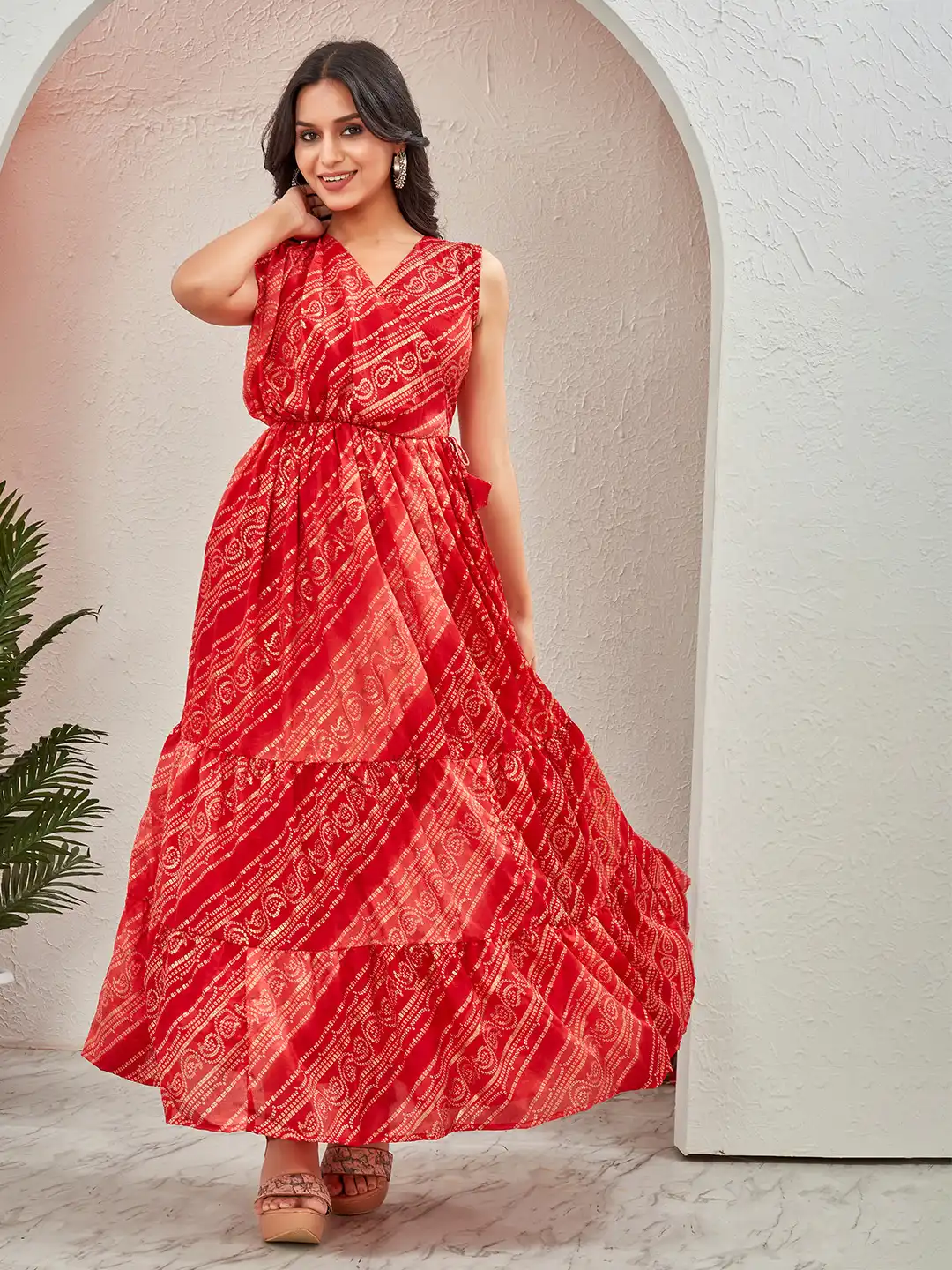 floor length bandhani long dress Parrot green long dress with bandhani dupatta main image 1