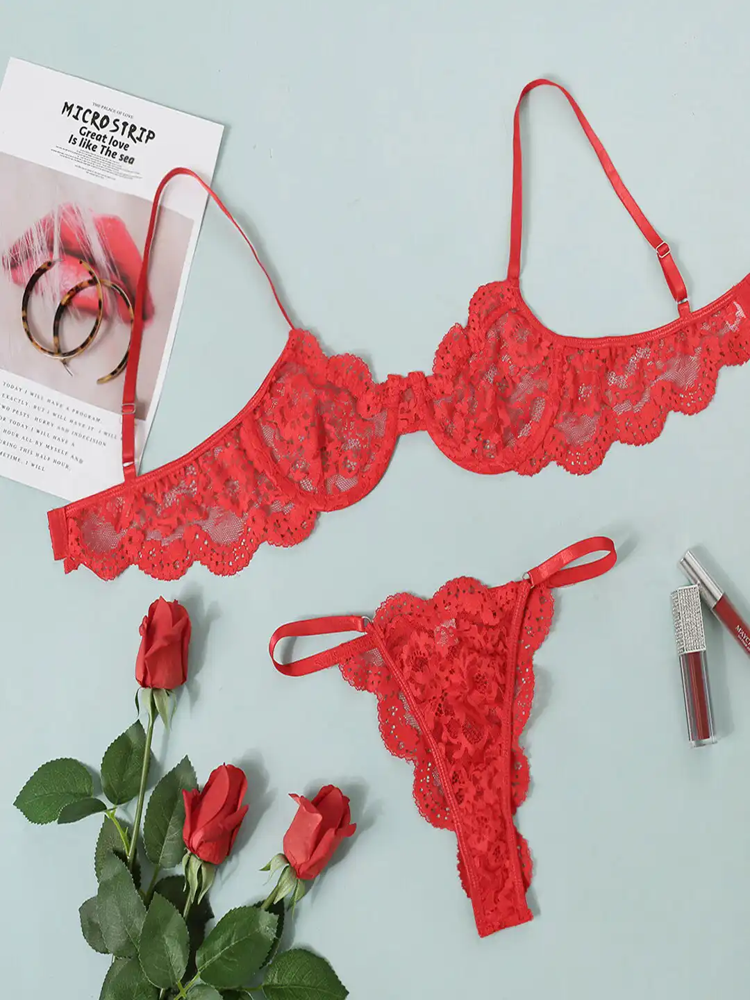 Buy Krelin Sheer Lace Lingerie Set Bikini-2-RED-A3 - Lingerie Set