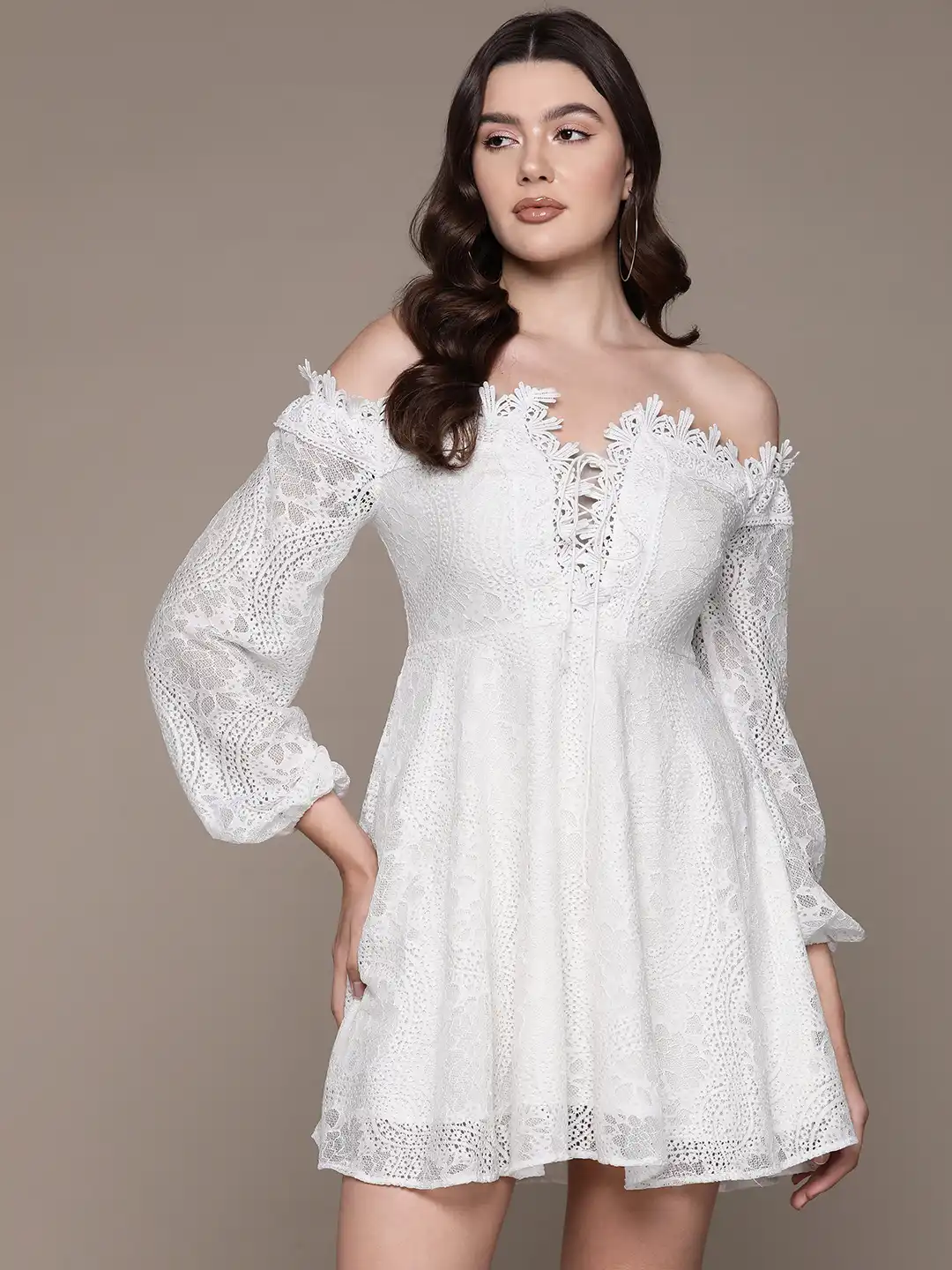 bebe off shoulder lace dress Momyknows White Lace Corset Square Neck Flare Sleeve Off Shoulder Bodycon Elegant Cocktail Party Maternity Photoshoot Baby Shower Maxi Dress, White /