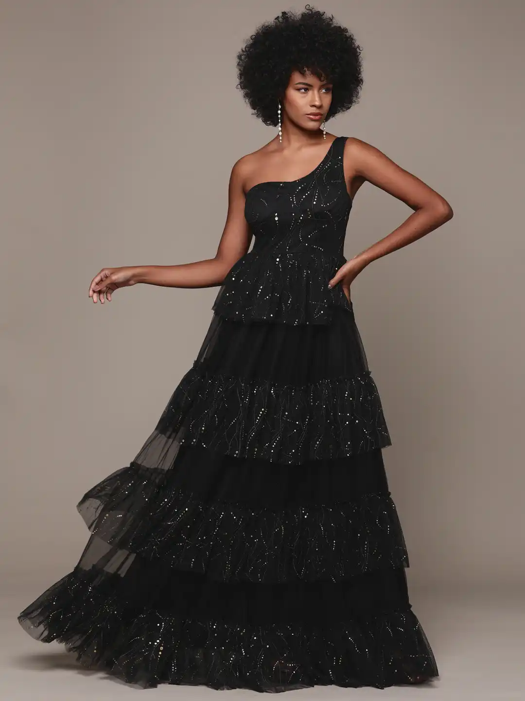 Buy bebe Party Embellished One Shoulder Ruffled Tiered A-Line Maxi Dress -  Dresses for Women 28374272 | Myntra