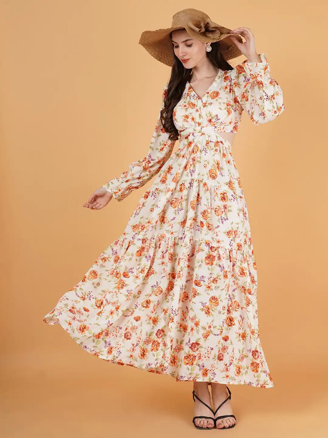 Buy Kushi Flyer Floral Printed Puff Sleeves Waist Cut Outs Fit & Flare Maxi  Dress - Dresses for Women 28442234 | Myntra