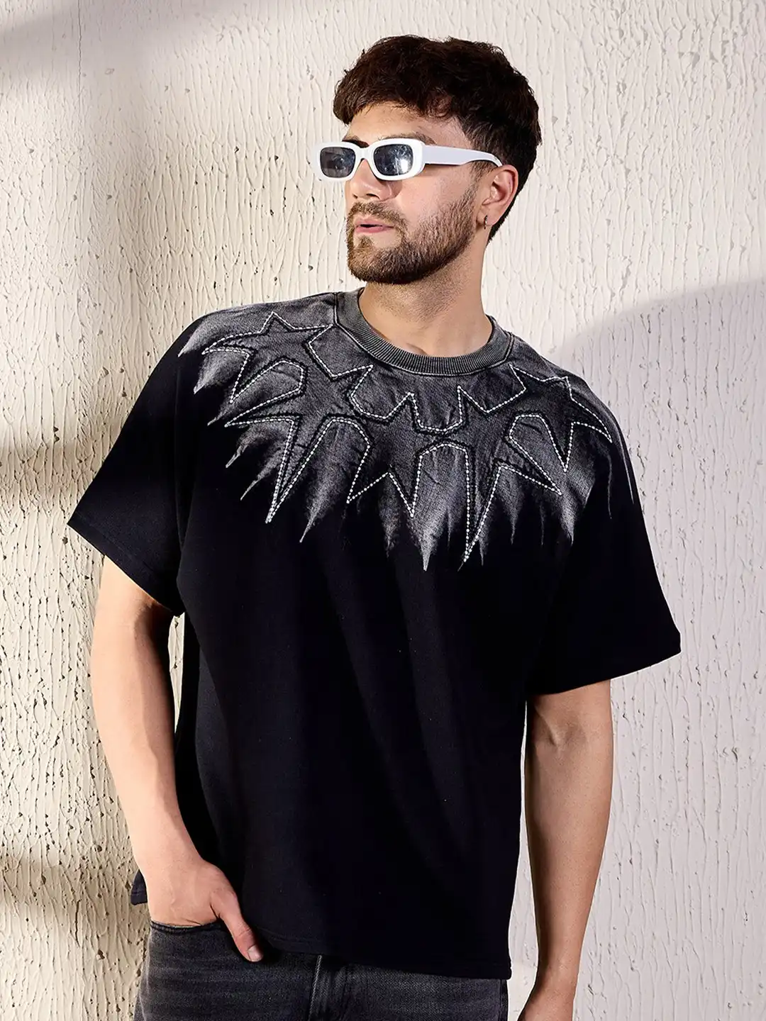 Buy FUGAZEE Black Ombre Star Embroidery Cotton Oversized Tshirt