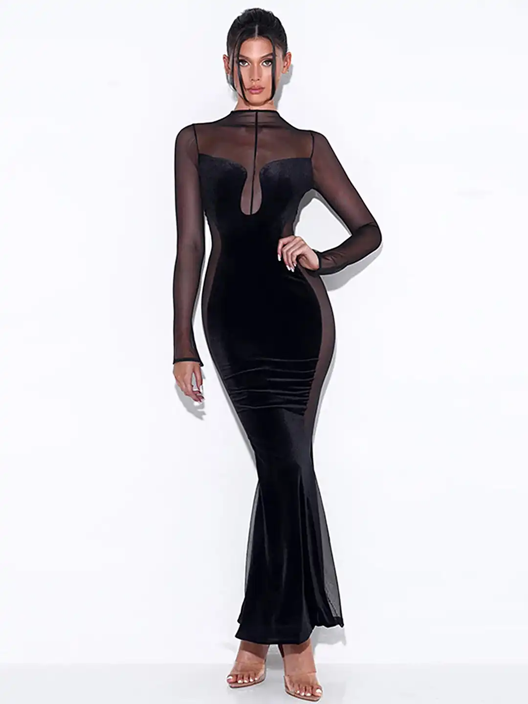 long holiday dress ZAPAKA Women Velvet Holiday Party Dress with Long Sleeves Dark Green Tight Cocktail Dress, Dark Green / L main image 0