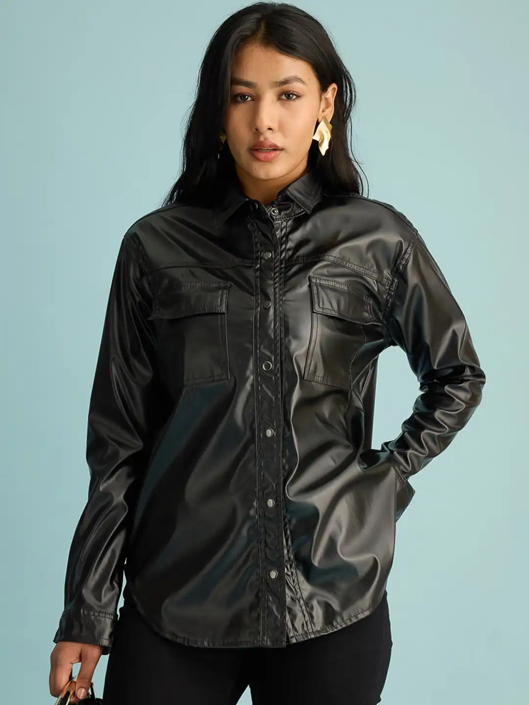 Buy FREAKINS Black Shirt Collar Leather Jacket - Jackets for Women