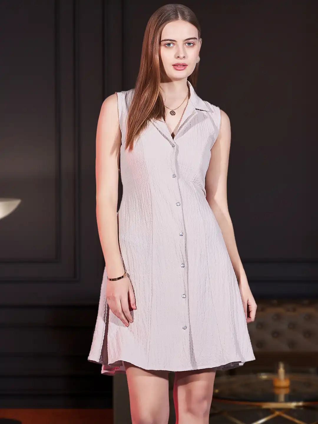 Buy DressBerry Beige-Coloured Self Design Shirt Collar Sleeveless Sheath  Dress - Dresses for Women 28515586 | Myntra