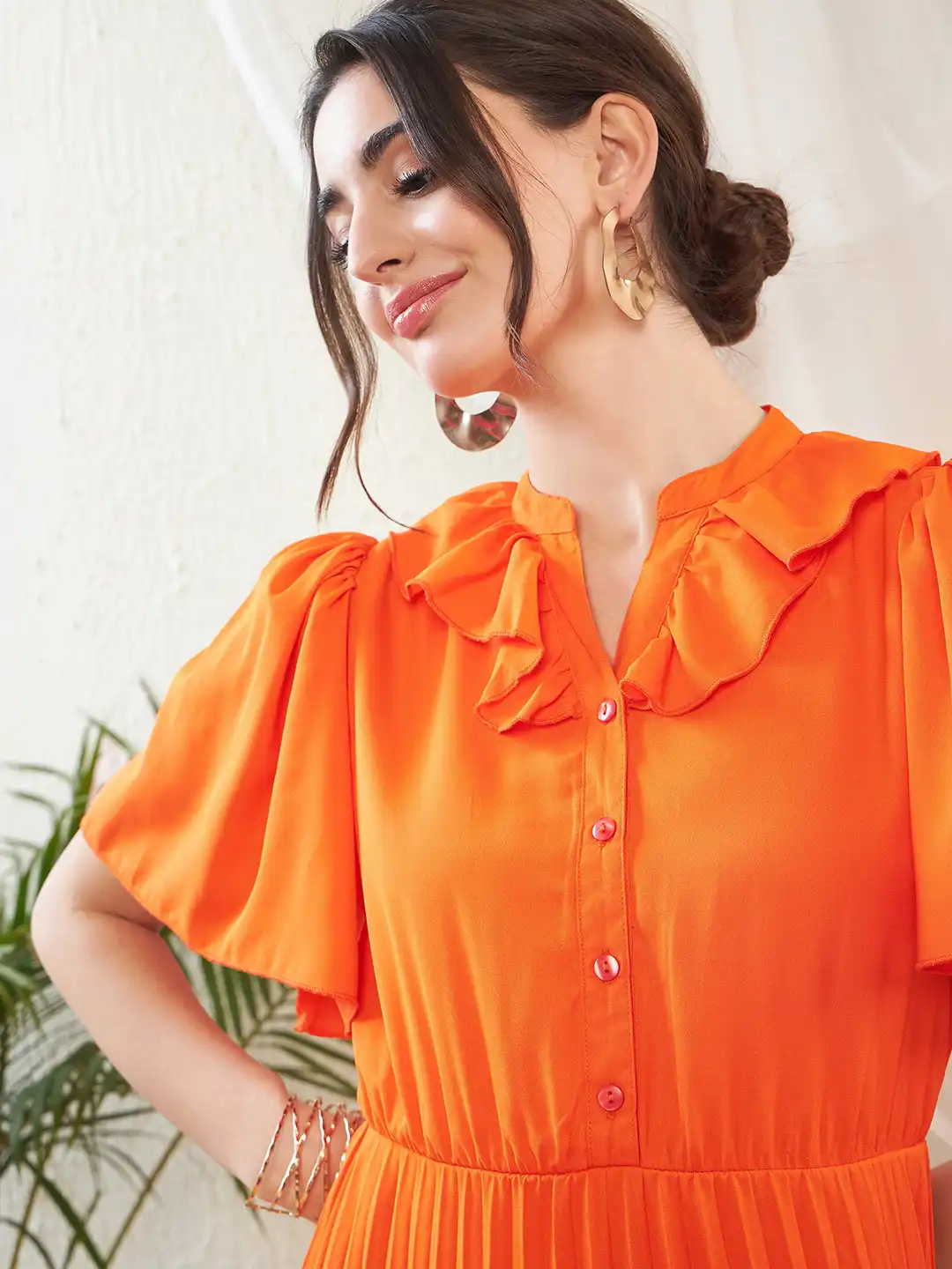Buy SASSAFRAS Frill Neck Accordion Pleated Flared Sleeve Georgette