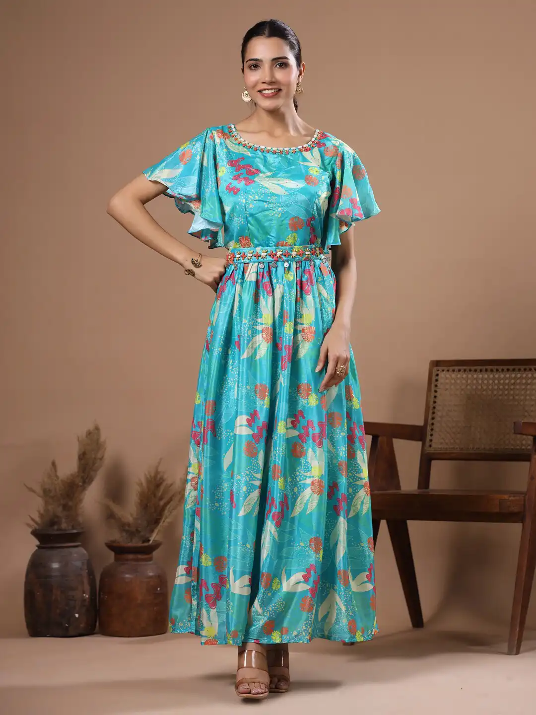 Buy FASHOR Floral Printed Flutter Sleeve Crepe Maxi Dress