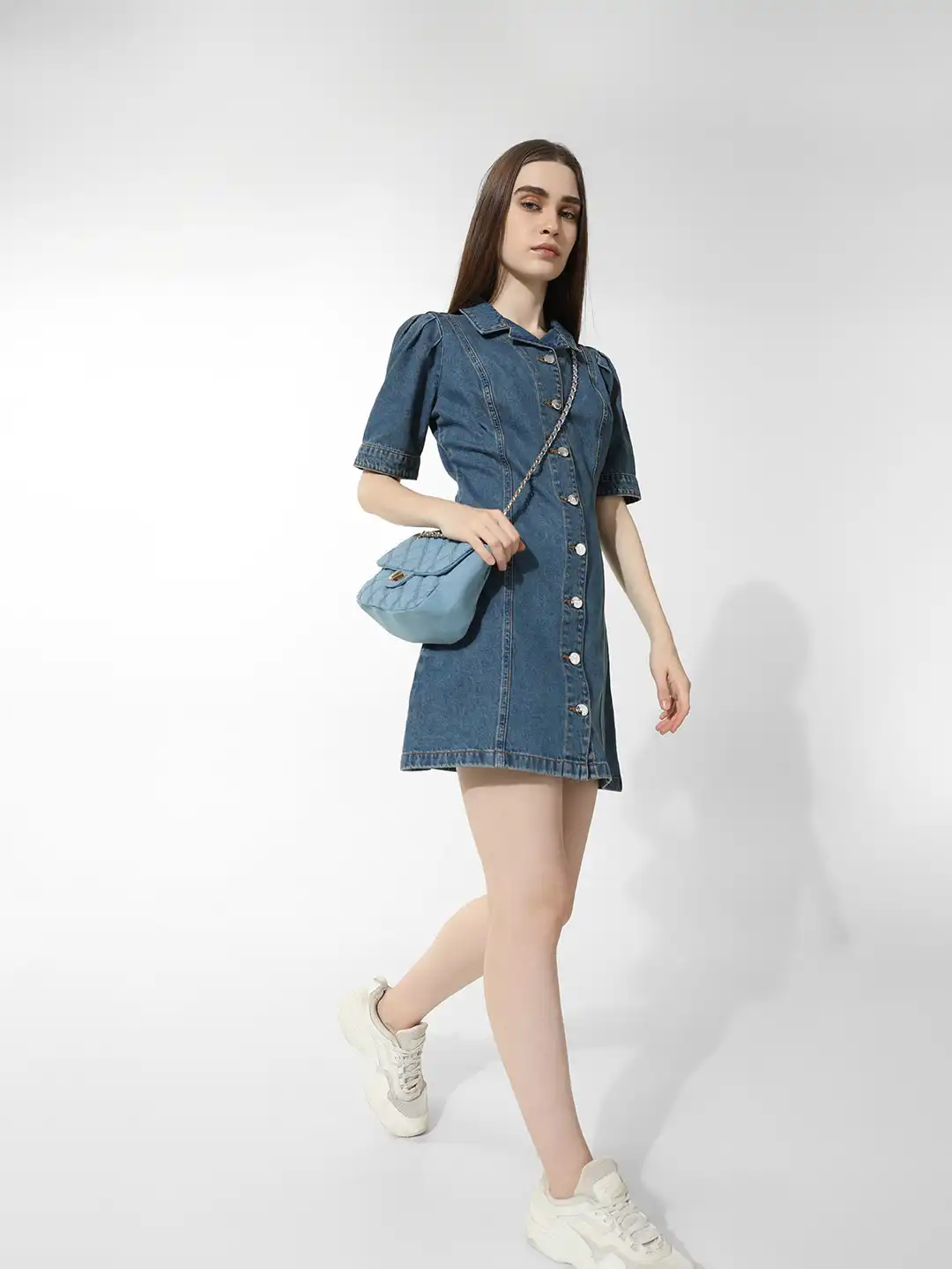 only denim shirt dress ONLY belted Denim Mini Dress in mid Blue wash