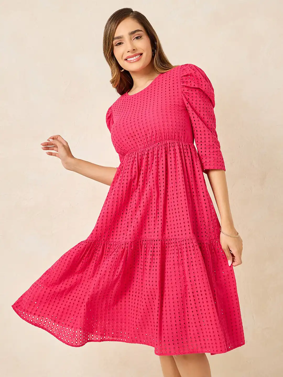 Buy Styli Round Neck Puff Sleeves Self Design Cotton Fit & Flare Dress -  Dresses for Women 29011316 | Myntra