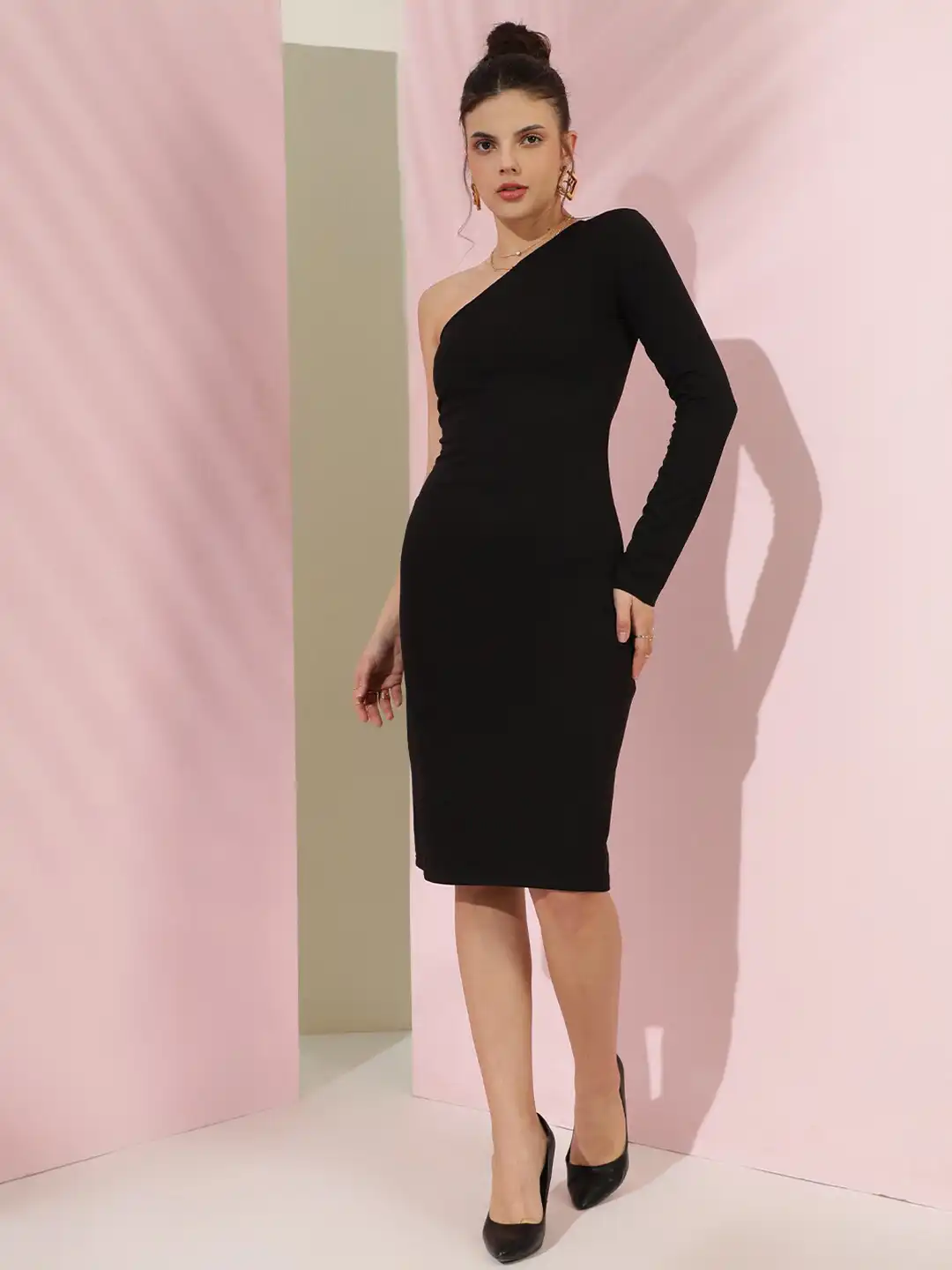 black cowl neck bodycon dress RHAMI COWL NECK MIDI DRESS main image 1