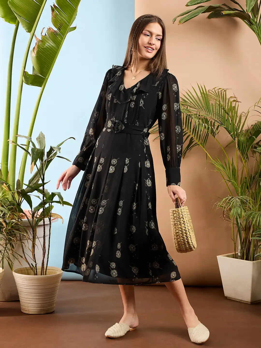 Buy SASSAFRAS Black Floral Printed Ruffled A-Line Midi Dress