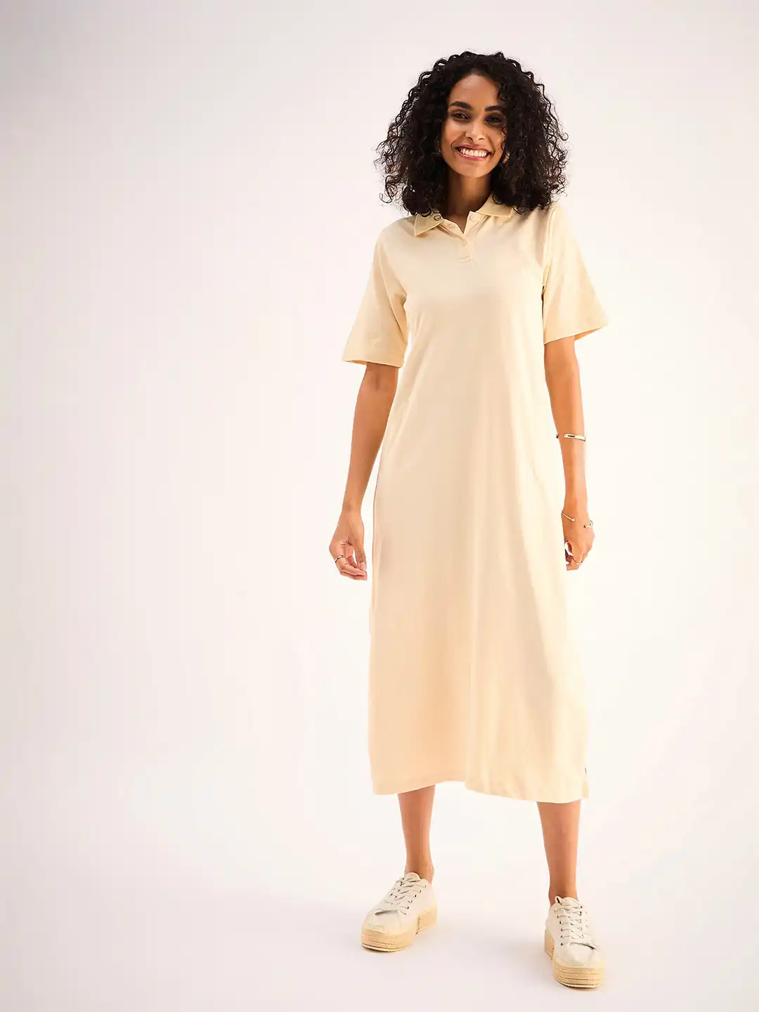 Buy SASSAFRAS BASICS Beige Shirt Collar Pure Cotton Oversized T-shirt Midi  Dress - Dresses for Women 29148222 | Myntra