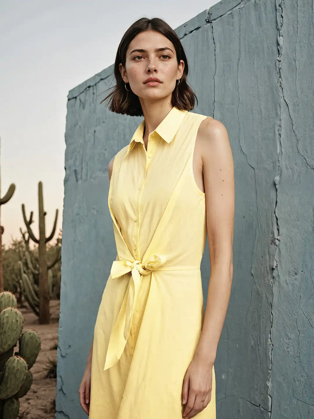 chinese dress ladies Halter Linen Dress-Buttermilk Yellow main image 1