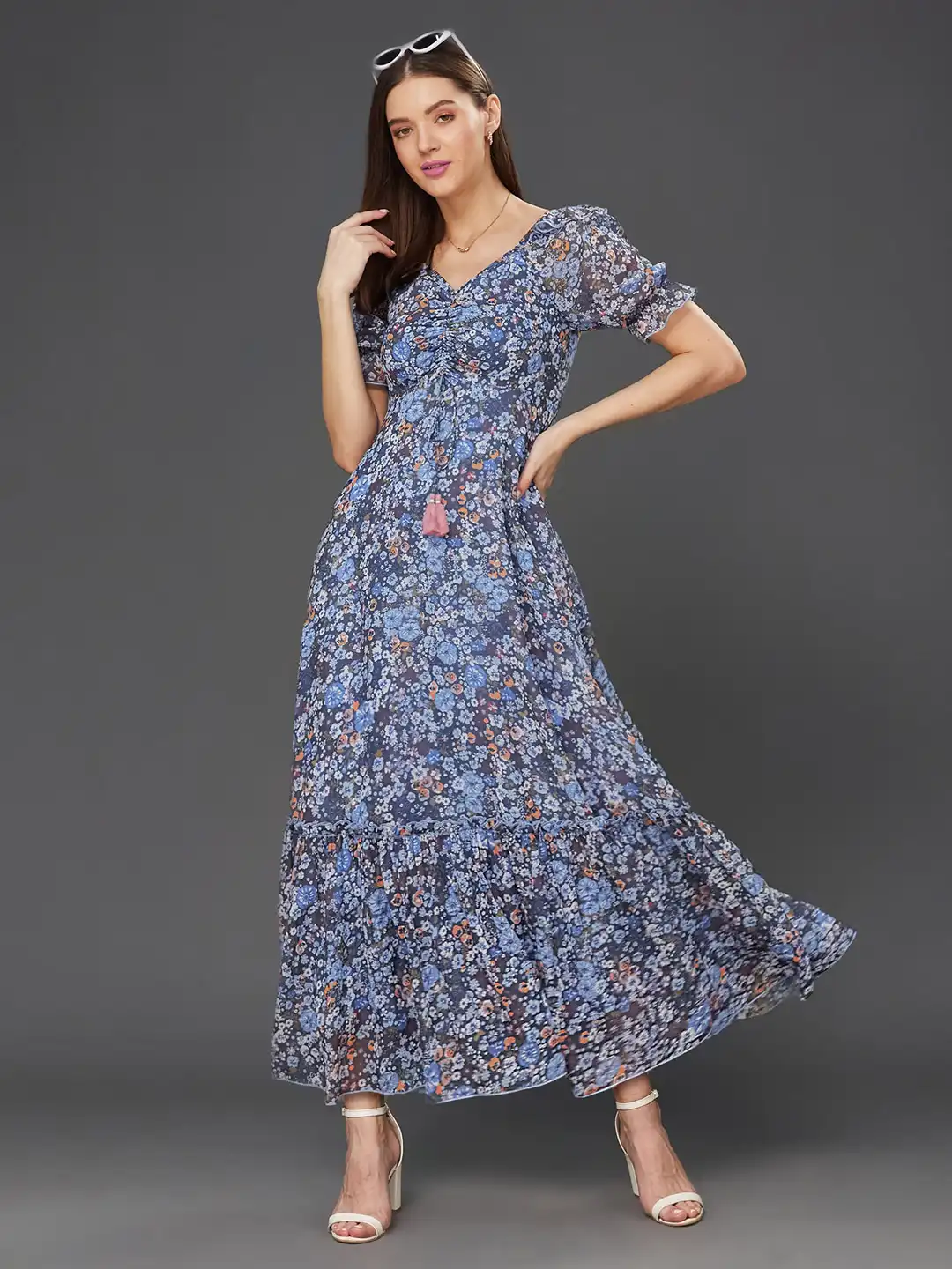 Buy Miss Chase Floral Print Sweetheart Neck Puff Sleeve Georgette