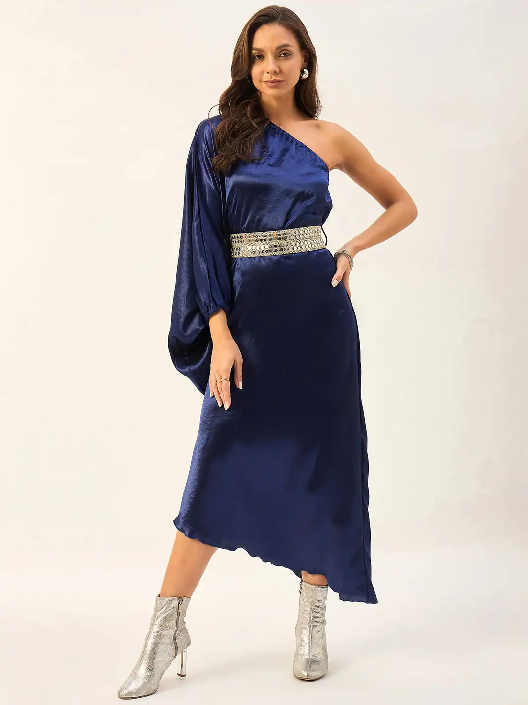 one shoulder kimono sleeve dress Globus Women Black One Shoulder Kimono Long Sleeves Side Slit Satin A-Line Maxi Party Dress