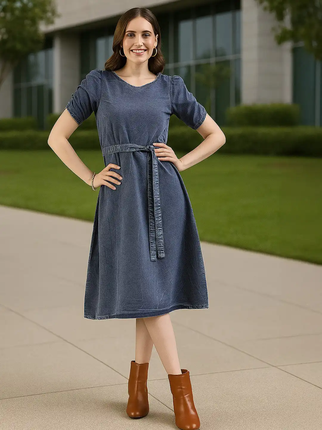 Buy DressBerry Blue Puff Sleeve V-Neck Denim A-Line Dress - Dresses for  Women 29538318 | Myntra