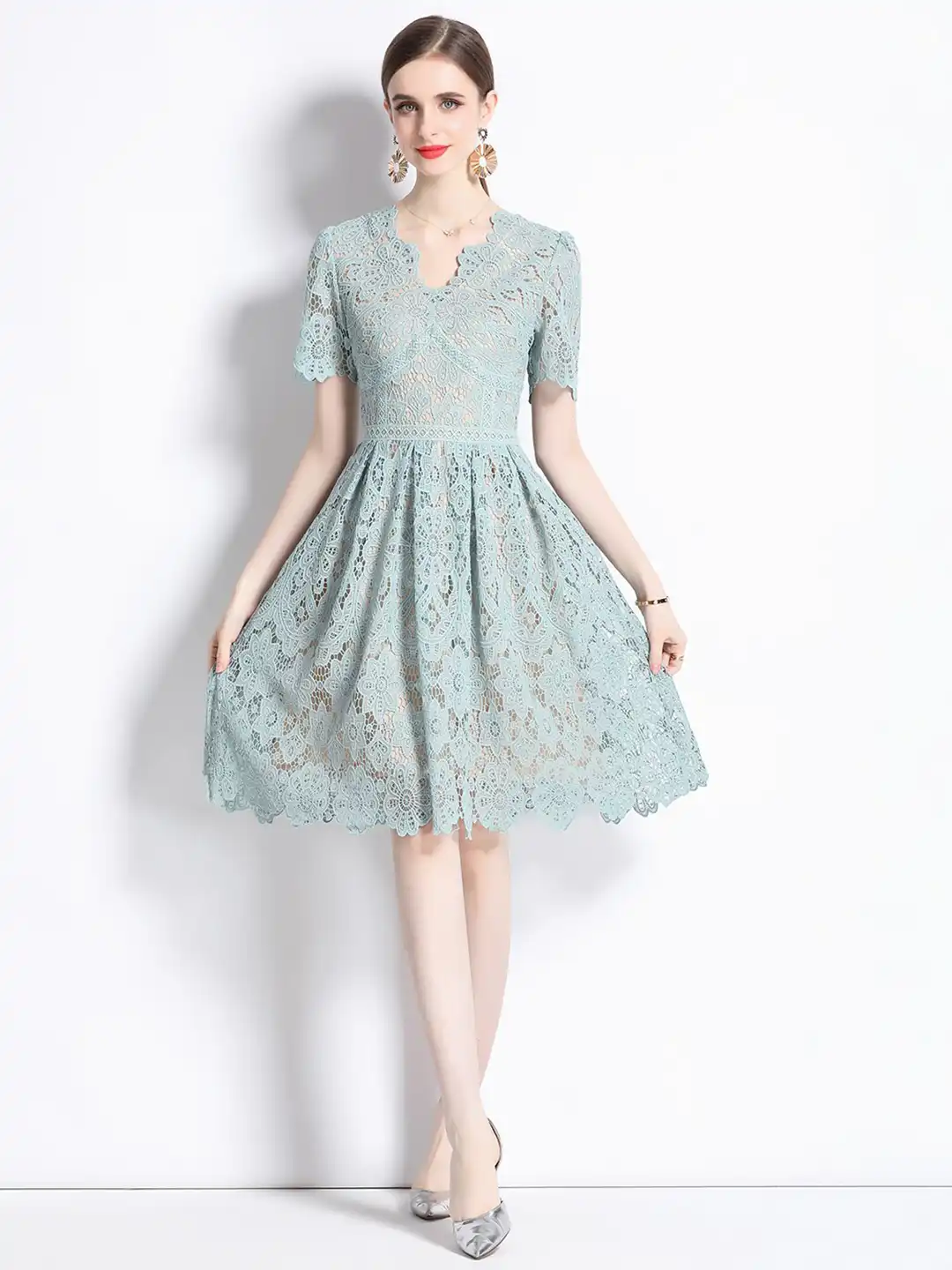 floral guipure lace midi dress Women’s Guipure Lace Floral Leaf-Embellished Elegant Midi Dress, APRICOT Floral / L main image 0