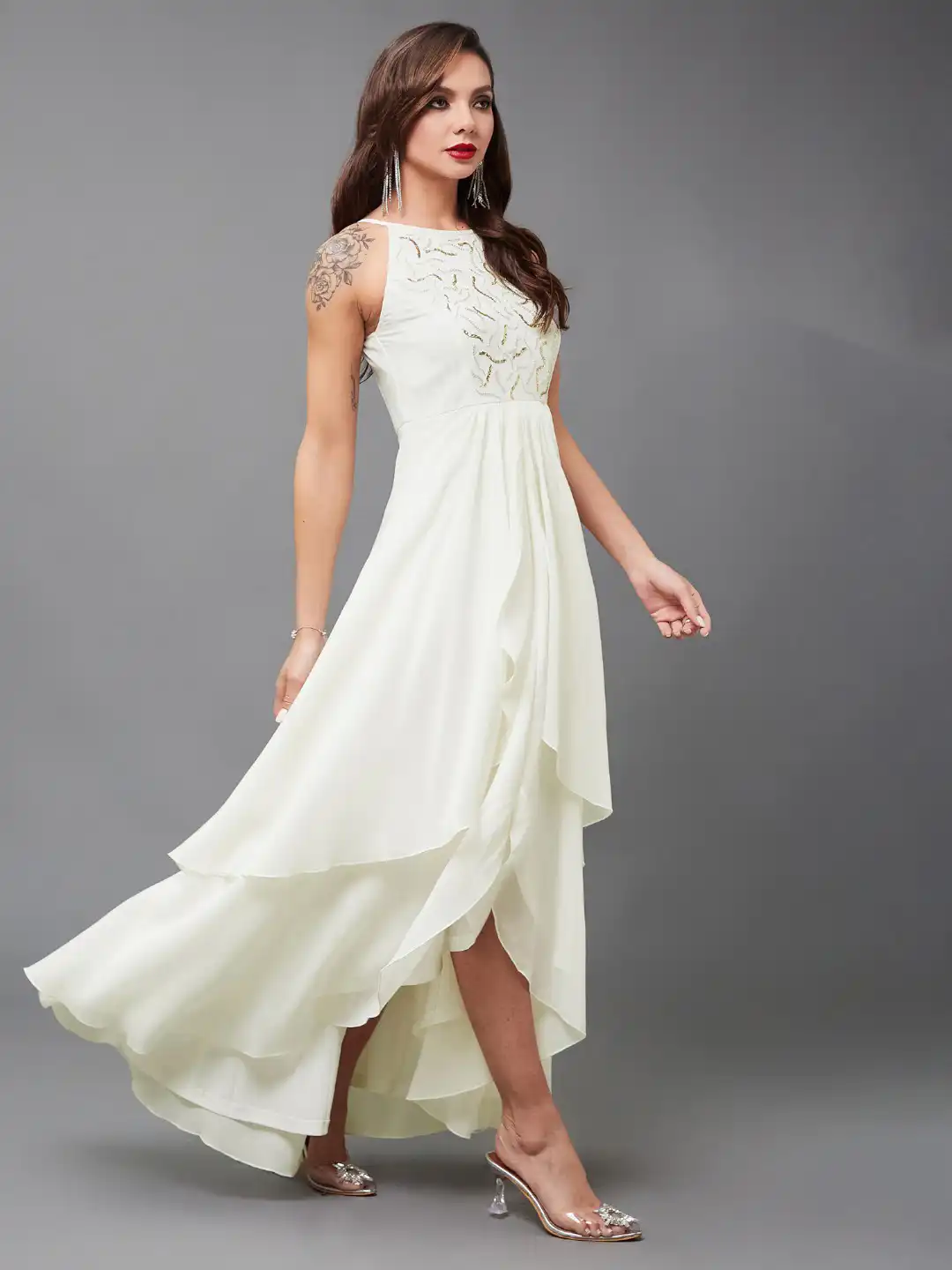Buy Miss Chase Women Off White Round Neck Sleeveless Solid Embellished Maxi Party  Dress - Dresses for Women 29761246 | Myntra