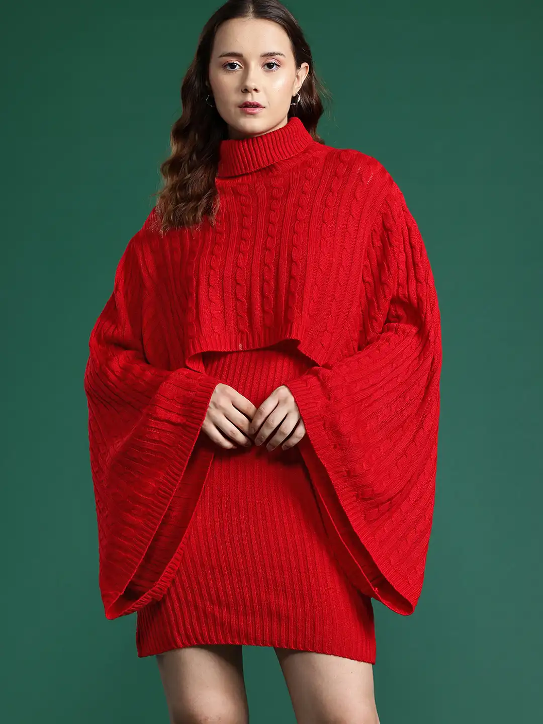 Buy DressBerry Cherry Red Ribbed Layered Cable Knit Mini Dress