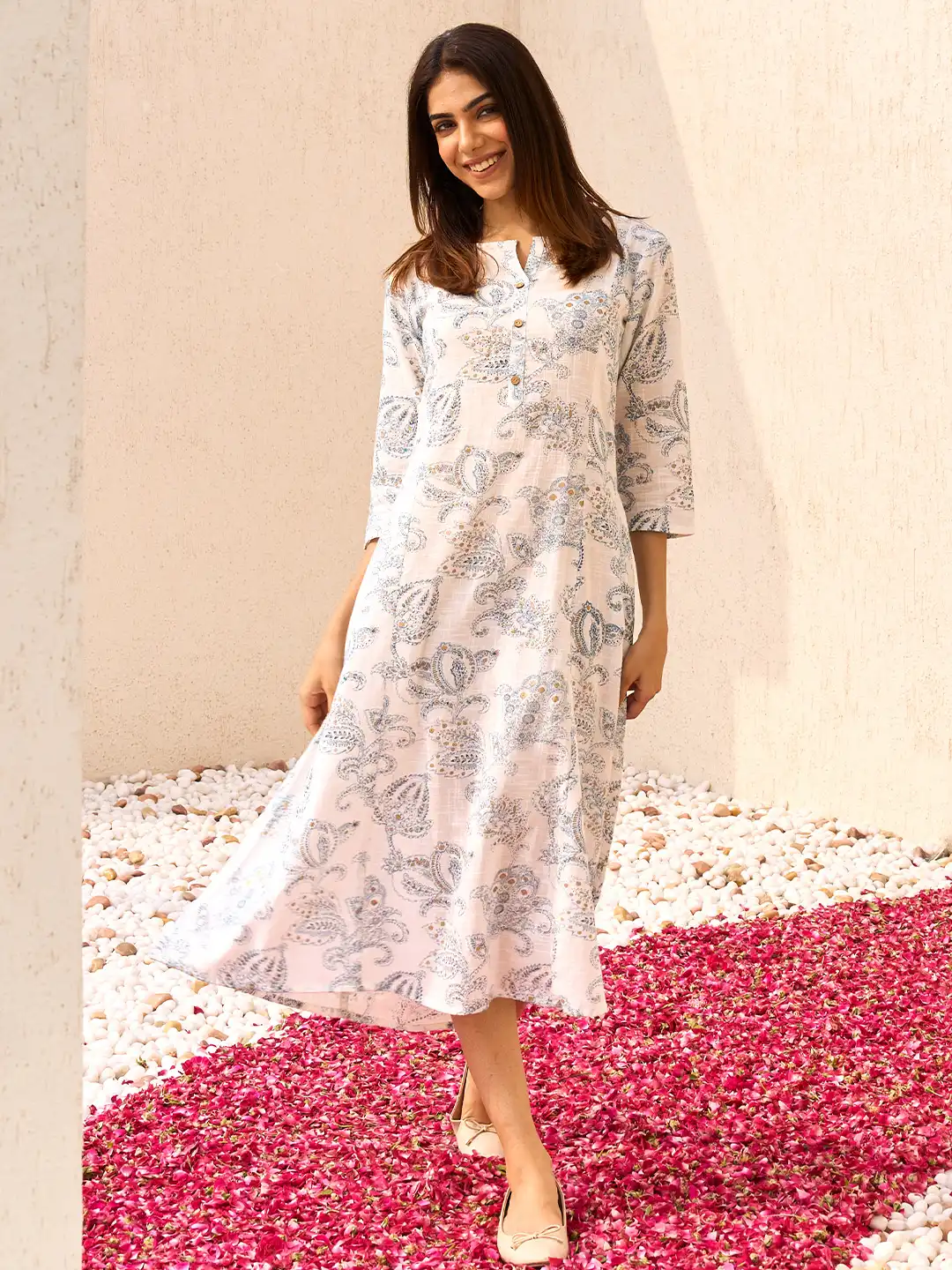 Buy Libas Cotton Ethnic Motifs Printed Mandarin Collar A-Line Midi Dress -  Dresses for Women 29841699 | Myntra