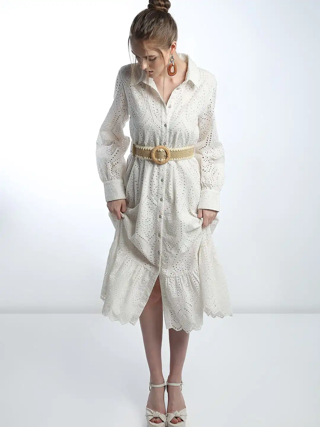 Buy Vero Moda Schiffli Cuffed Sleeves Pure Cotton A-Line Midi