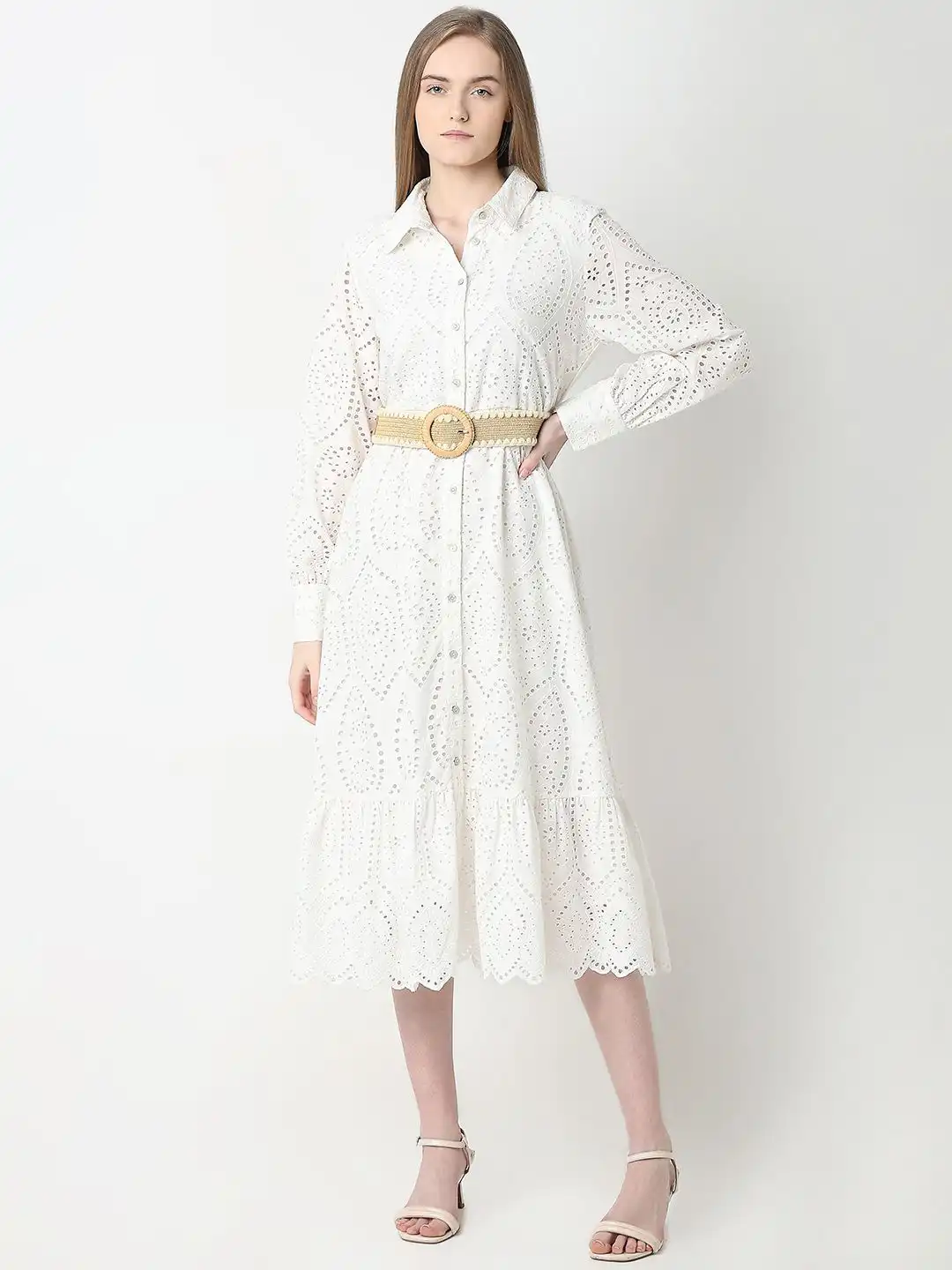 Buy Vero Moda Schiffli Cuffed Sleeves Pure Cotton A-Line Midi
